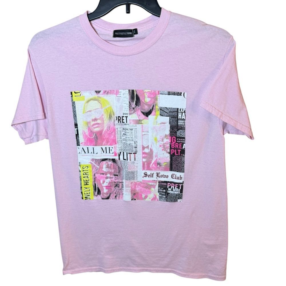 PrettyLittleThing Pink Collage Newsprint Graphic T-Shirt Size Small